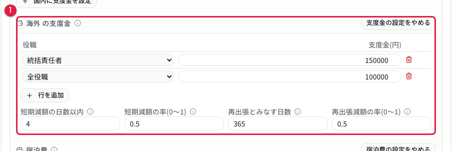 支度金の編集(役職別・短期/再出張の減額率)