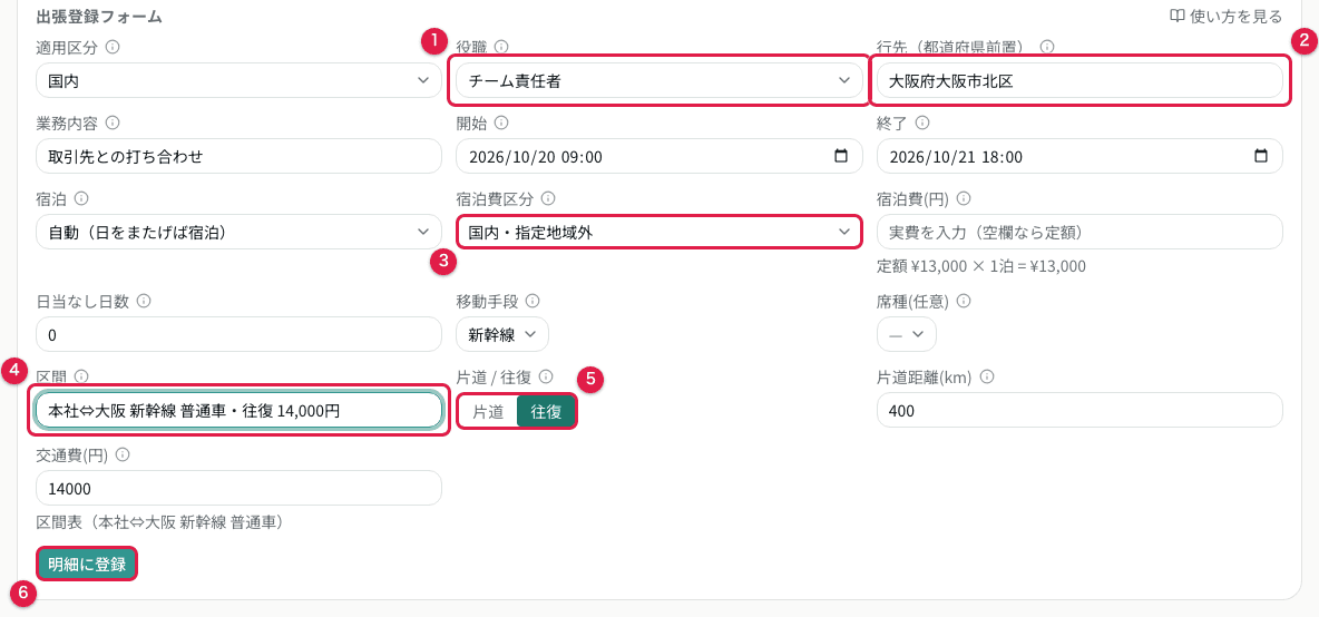 出張登録フォーム。役職・行先・地域・区間・片道往復の入力欄
