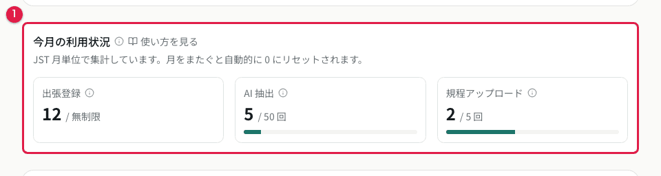 今月の利用状況(出張登録・AI抽出・規程アップロード)